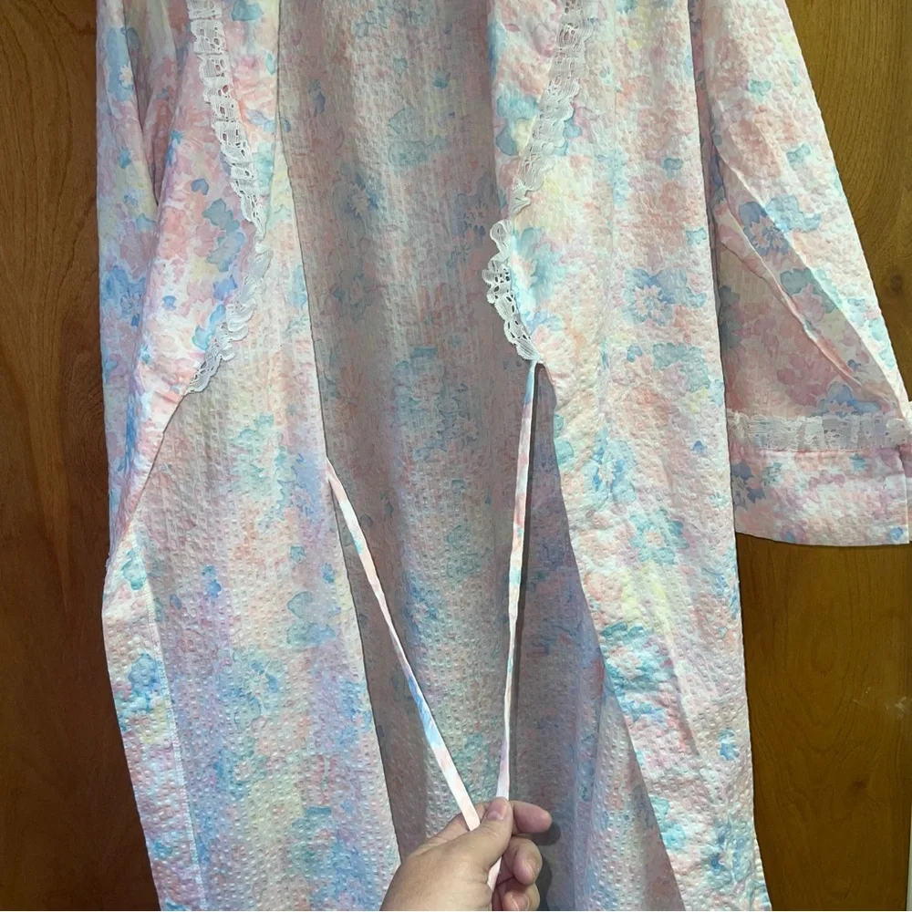 Vintage Appel Belted Pastel Floral Robe Seersucker Women’s Large Union Made USA - Picture 9 of 12
